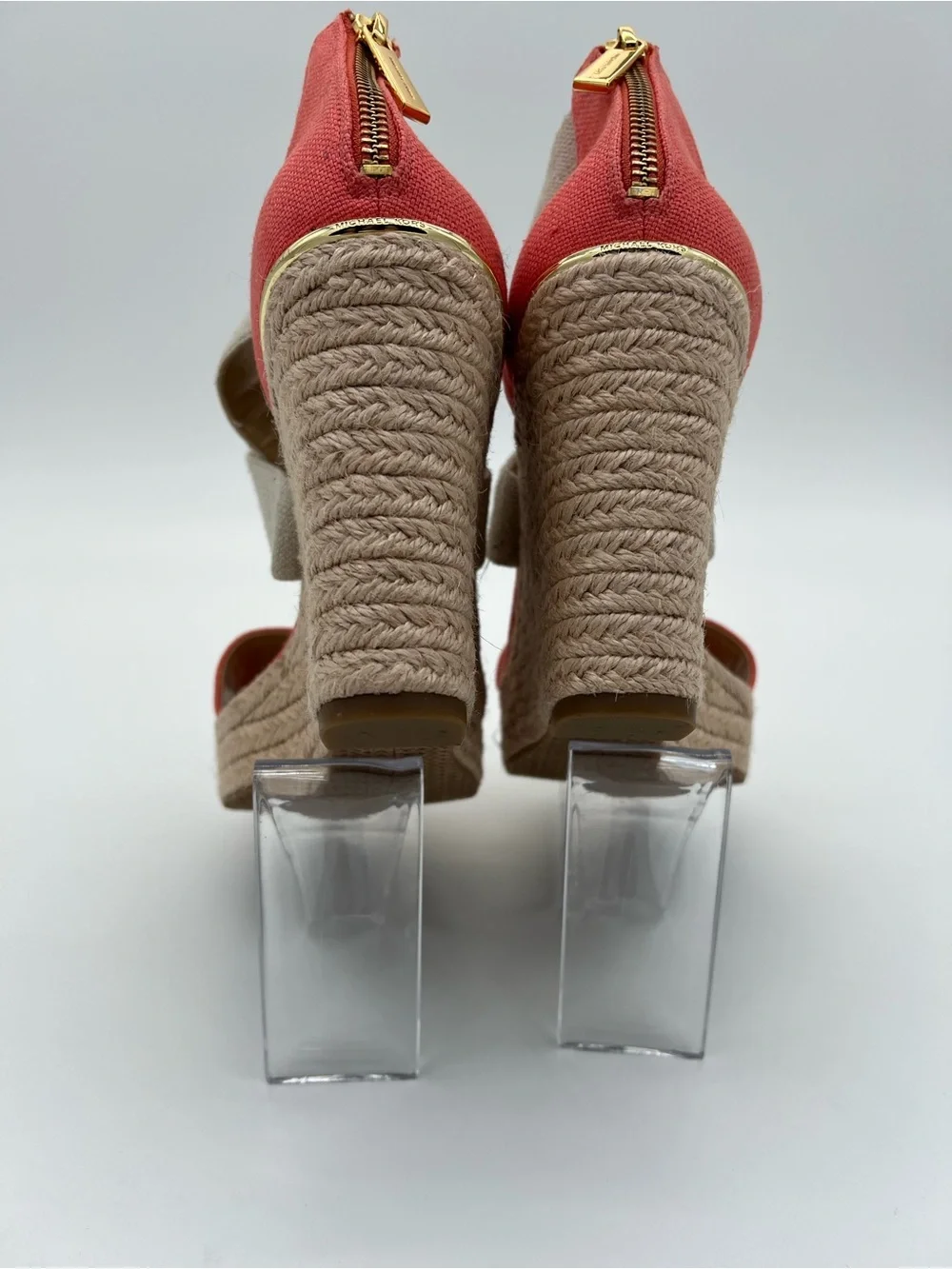 Michael Kors Coral and Natural Canvas Espadrille Wedge Sandals size 7.5